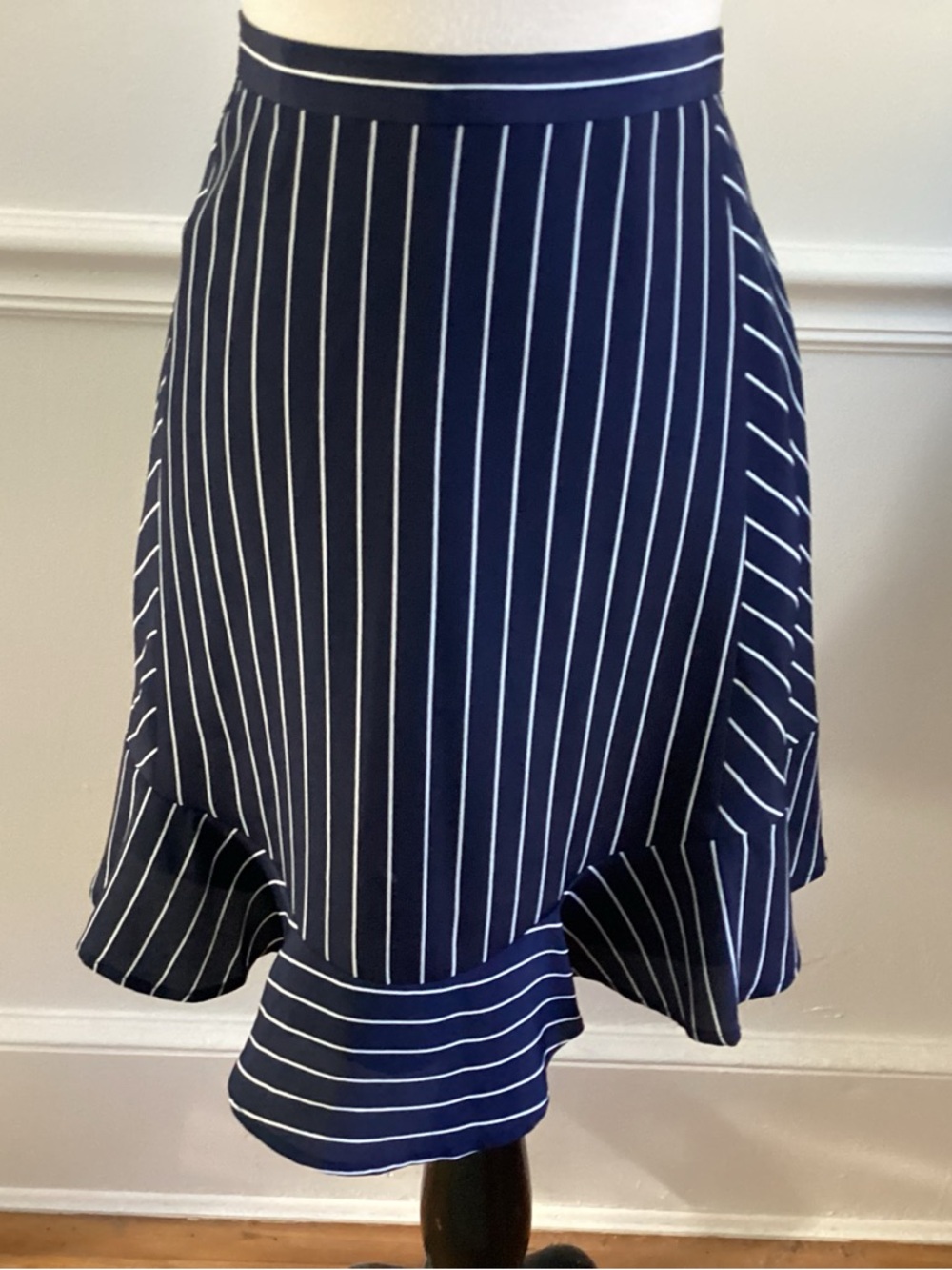 J. Crew Navy and White Vertical-Stripe Ruffle-Hem Skirt